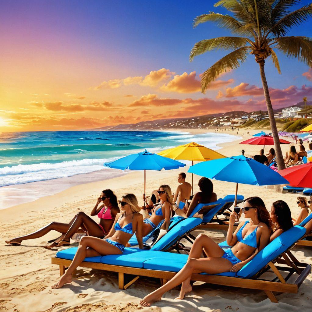 A glamorous beach scene featuring celebrities in a variety of trendy swimwear styles, from elegant one-pieces to chic bikinis. The background showcases golden sand, sparkling blue waves, and vibrant beach umbrellas. Include paparazzi capturing moments, while fashionistas are lounging in style, sipping drinks. Incorporate a sunset sky for warmth and ambiance. super-realistic. vibrant colors. beach party atmosphere.