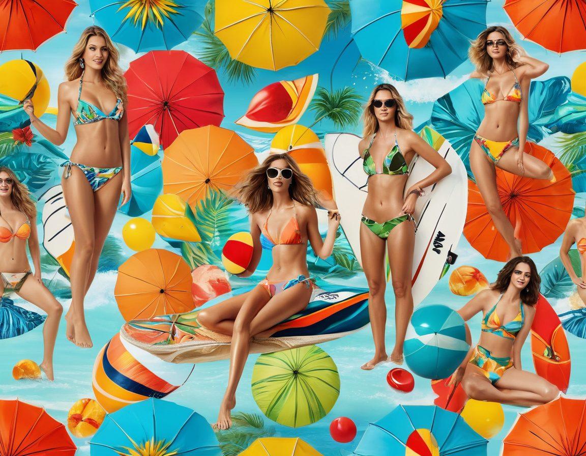 A collage of vibrant swimwear styles, featuring prominent celebrities in trendy beach settings, showcasing bold colors and unique patterns. Include elements like surfboards, sun umbrellas, and beach balls to emphasize a fun, summery vibe. The background should capture a sunlit beach with crashing waves to enhance the seasonal theme. super-realistic. vibrant colors. summer vibe.